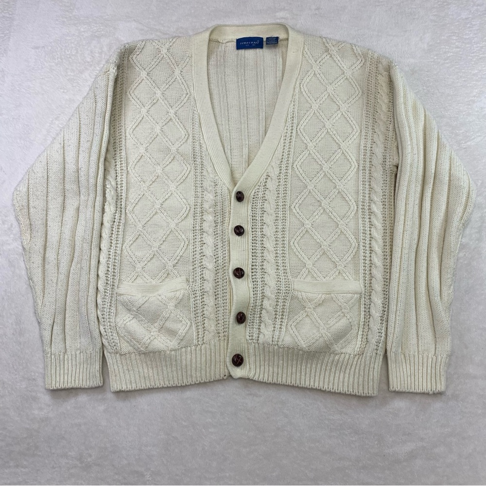 Vintage Towncraft Cardigan Sweater Cable Knit Button Up Cream Acrylic Mens M